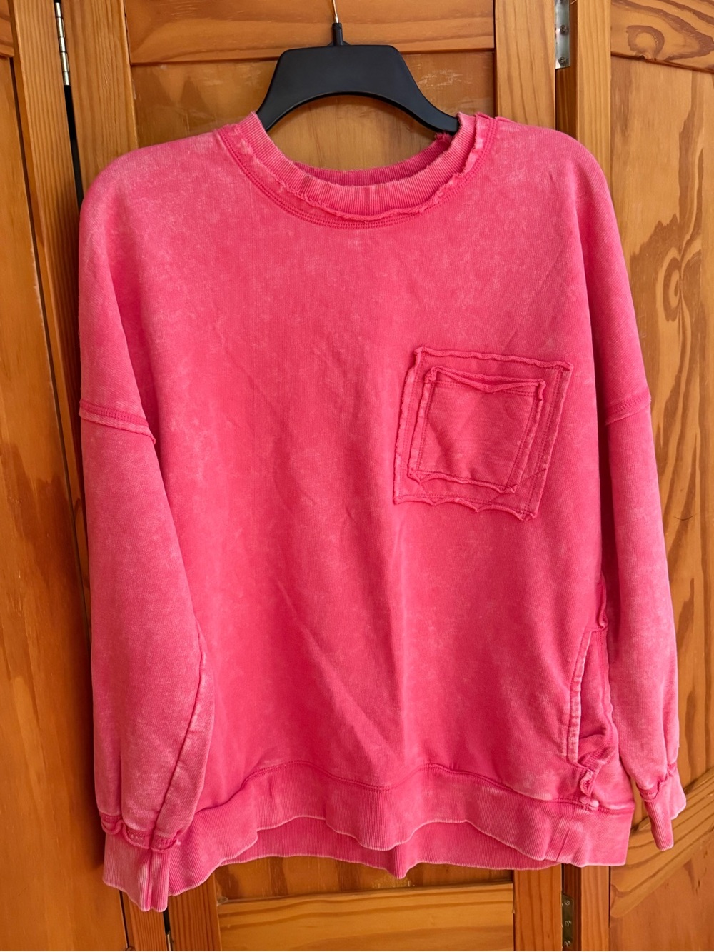Zenana Outfitters Distressed, Washed Pink Oversized Crewneck w/ Patch Pocket| S